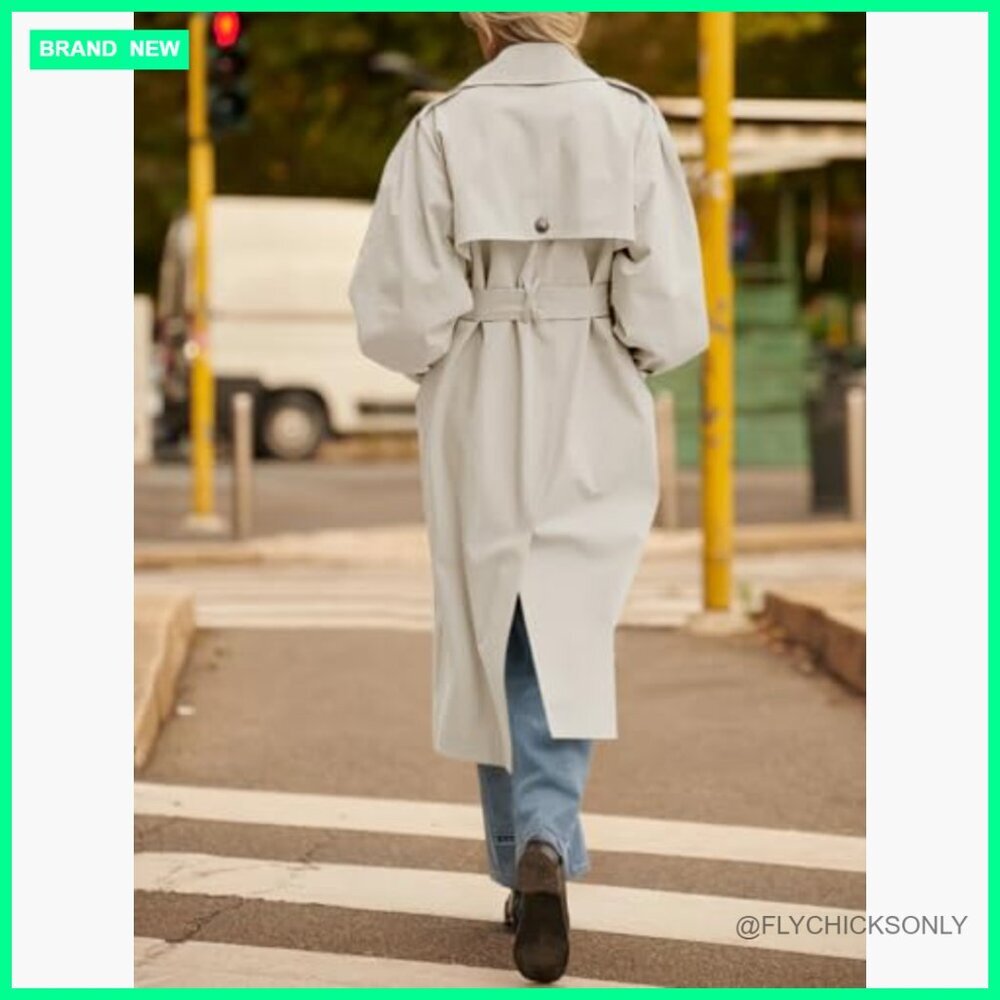 Long Trench Coat Oversized Double Breasted Lapel Polyester Blend Outerwear - Picture 5 of 7